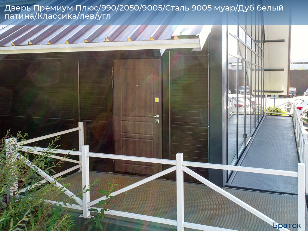 Дверь Премиум Плюс/990/2050/9005/Сталь 9005 муар/Дуб белый патина/Классика/лев/угл, bratsk.doorhan.ru